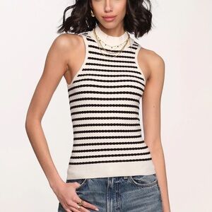 Heartloom Quince Ribbed Knit Sleeveless Mock Neck Top‎ Black Ivory Striped XS